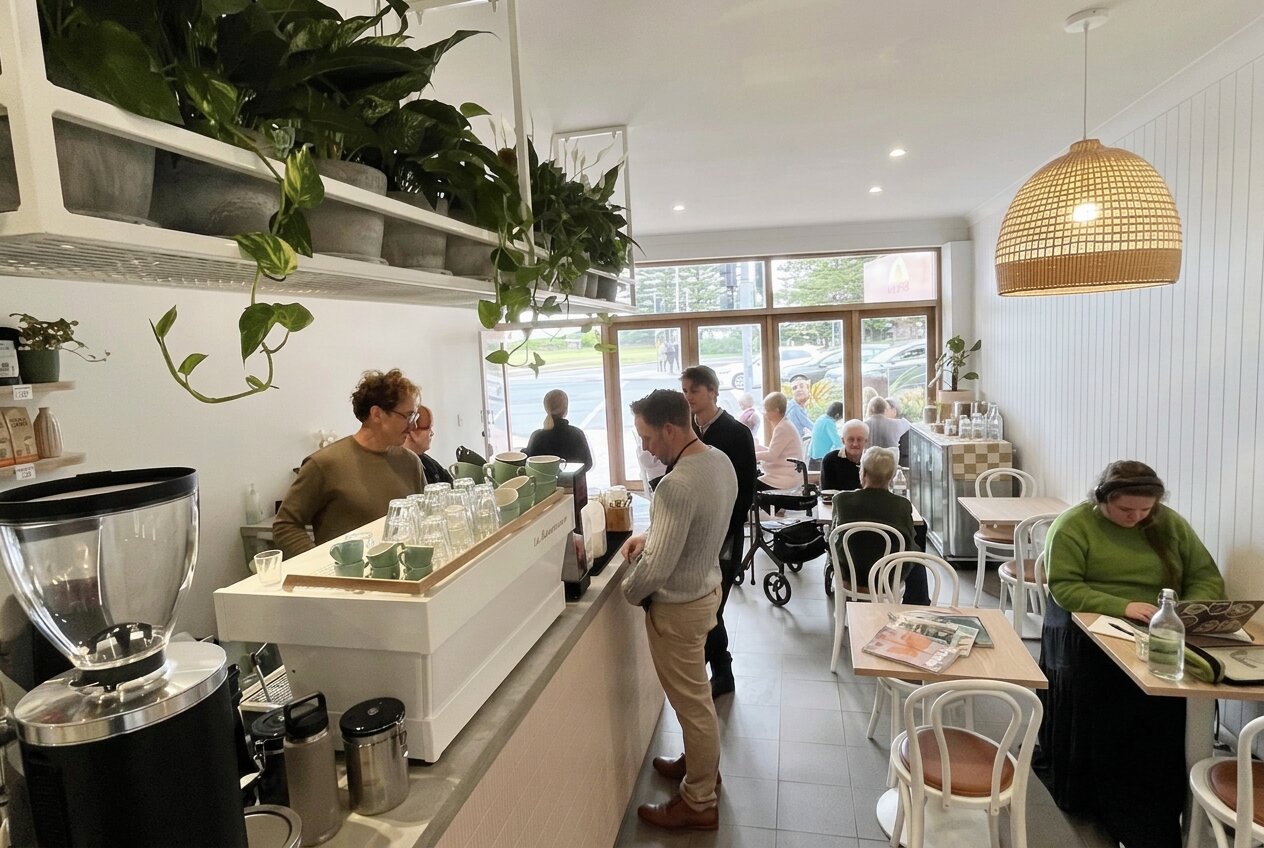 The Peak Cafe interior with customers at the counter